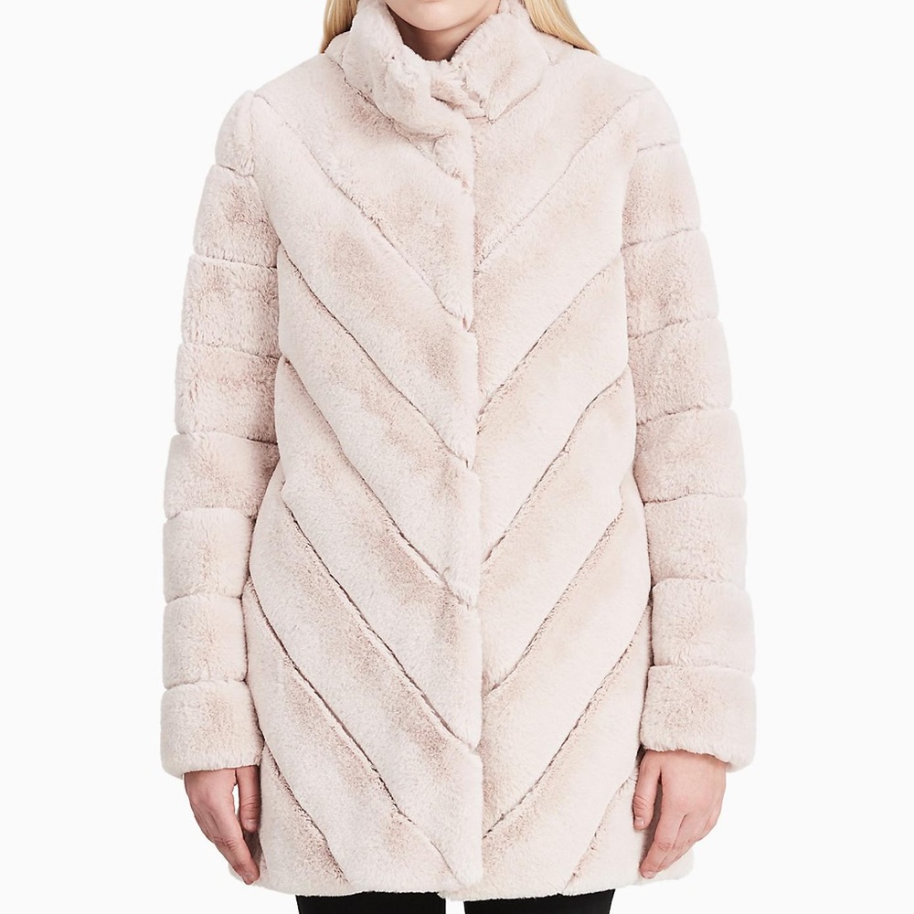 Calvin Klein Faux Fur Chevron Coat